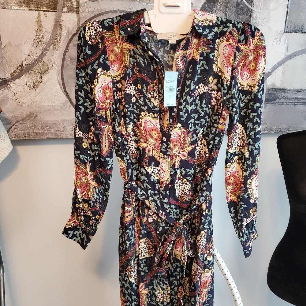 Loft - Petite Floral Tie Waist Midi Shirtdress